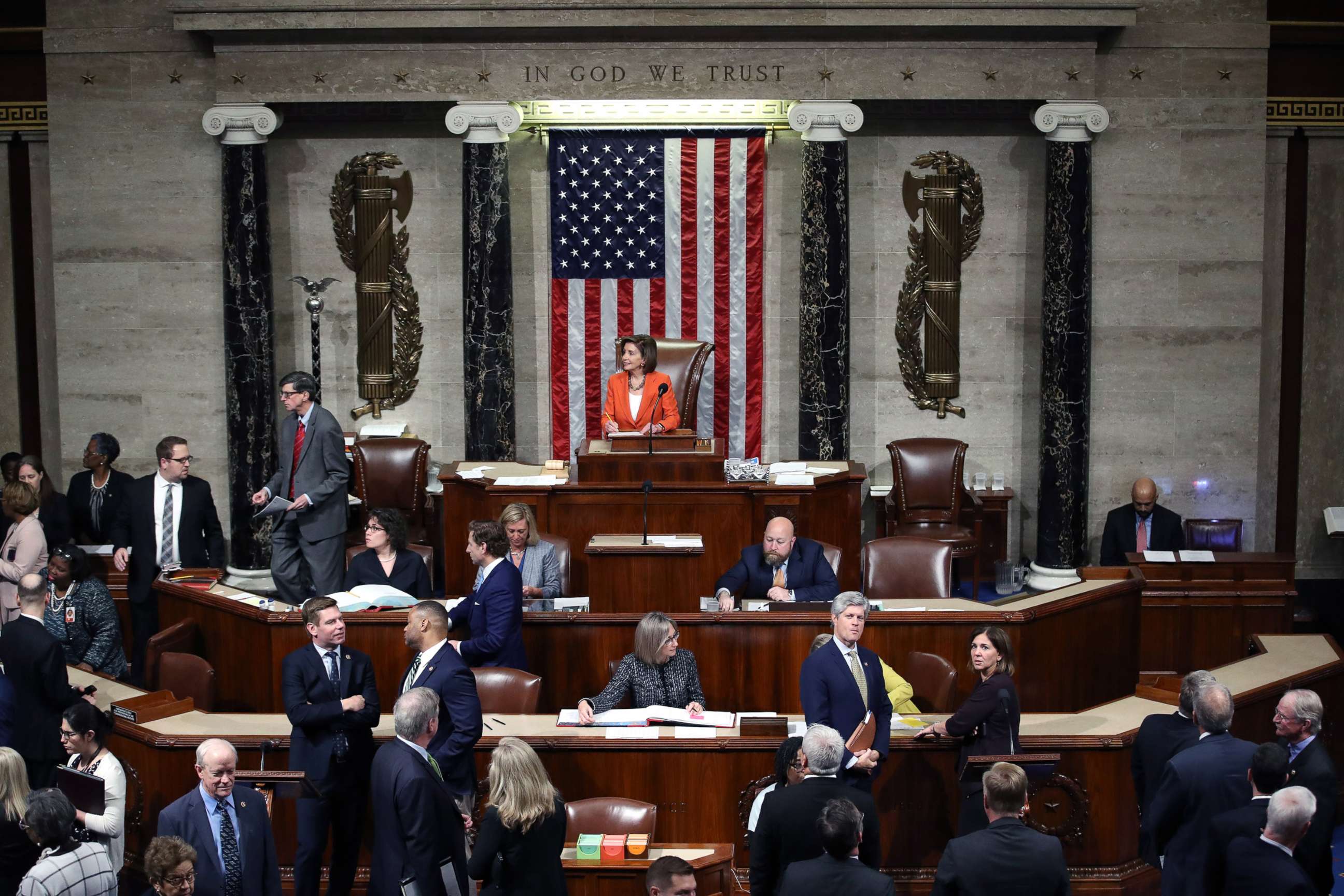 PHOTO: Speaker of the House Nancy Pelosi presides over the U.S. House of Representatives as it votes on a resolution formalizing the impeachment inquiry centered on President Donald Trump in the House Chamber, Oct.31, 2019 in Washington, D.C.