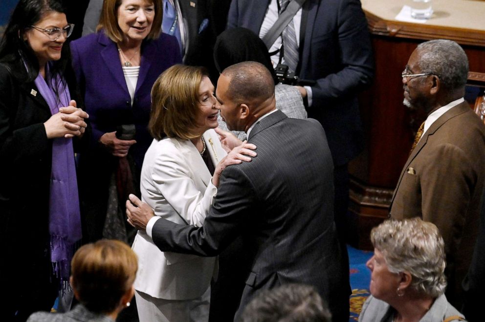 PHOTO: Outgoing Speaker of the House of Representatives Nancy Pelosi greets Rep. Hakeem Jeffries after speaking in the House Chamber at the Capitol in Washington, DC, on Nov. 17, 2022.