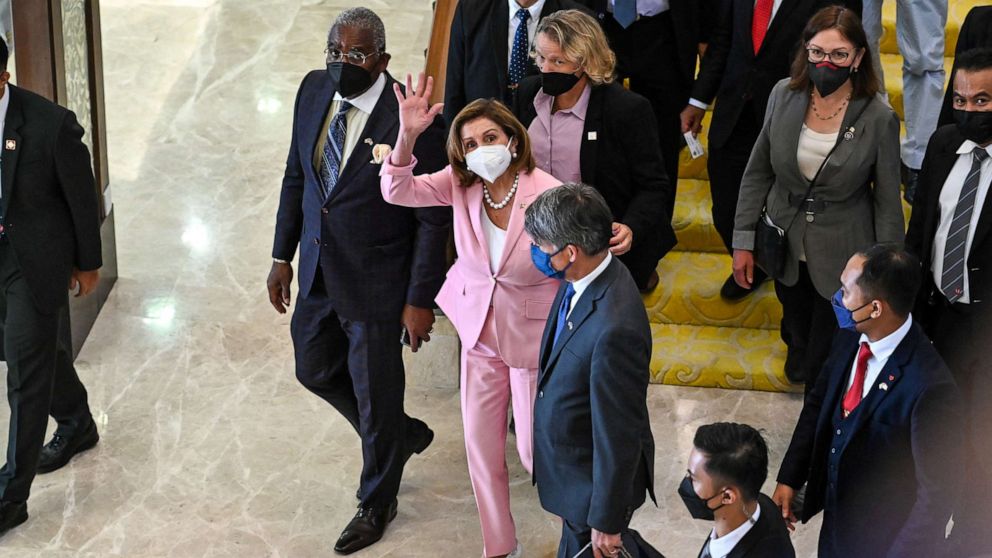 PHOTO: House of Representatives Speaker Nancy Pelosi waves after attending a meeting with Malaysia's Parliament Speaker Azhar Azizan Harun at Malaysian Houses of Parliament in Kuala Lumpur, Malaysia, Aug. 2, 2022.