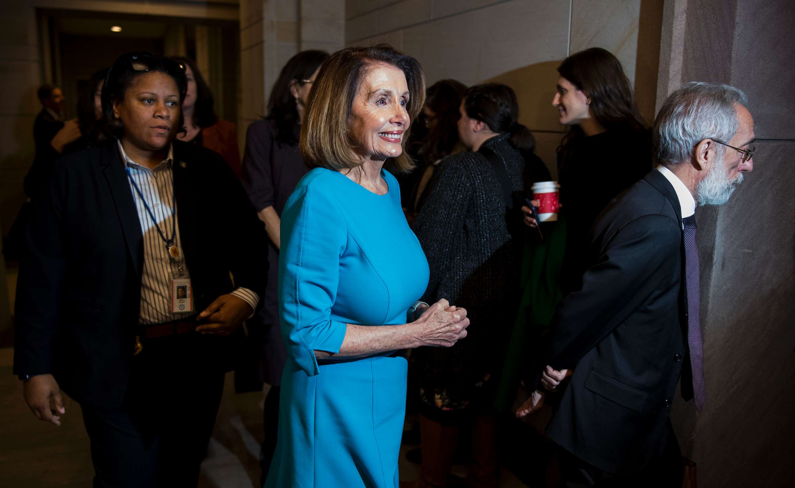 PHOTO: House Minority Leader Nancy Pelosi, leaves the CVC Auditorium during a break in the House Democrats' organizational caucus meetings, Nov. 28, 2018.