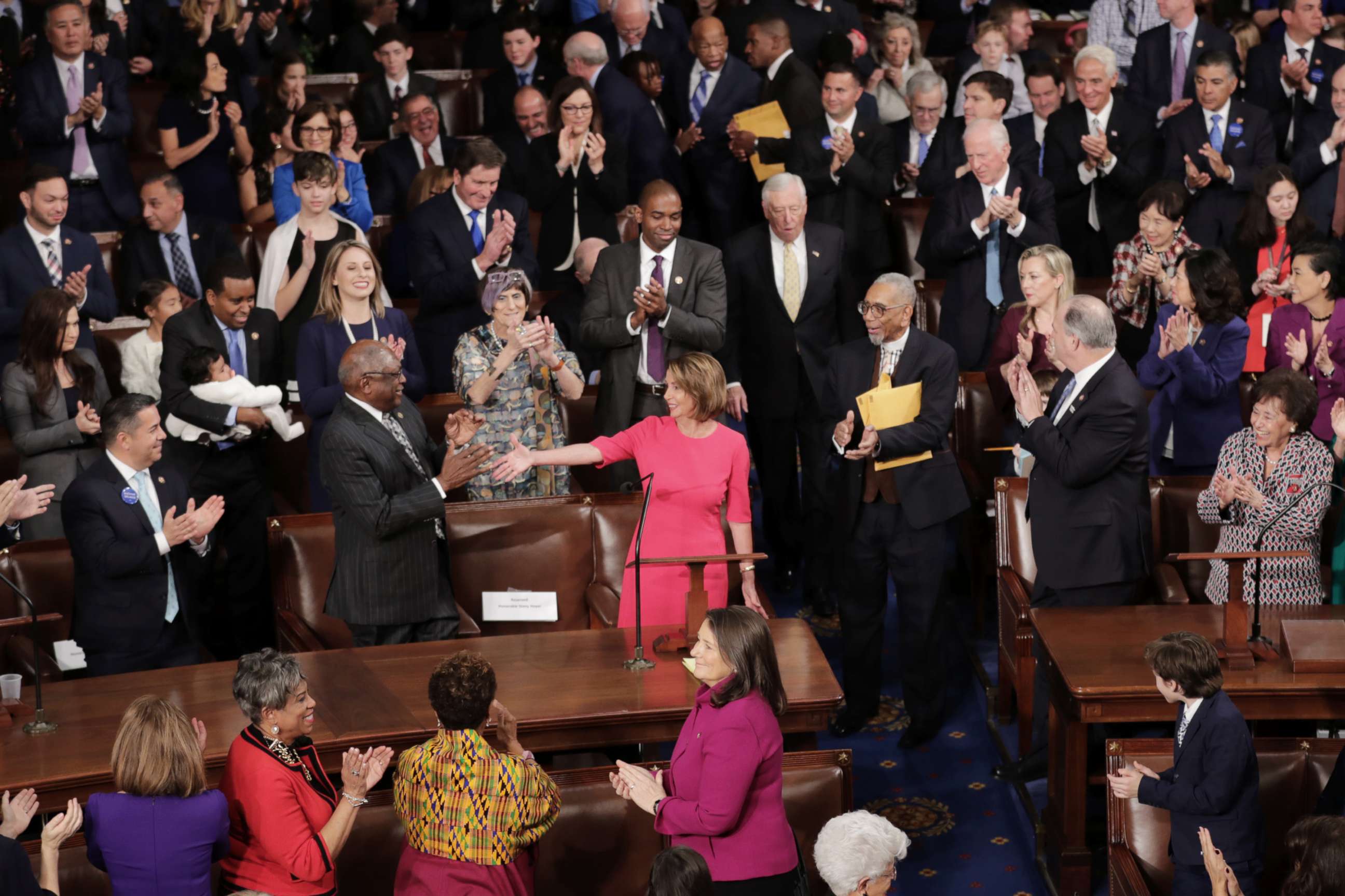 PHOTO: Speaker-designate Rep. Nancy Pelosi is applauded by members of Congress after being nominated during the first session of the 116th Congress at the U.S. Capitol, Jan. 03, 2019 in Washington.