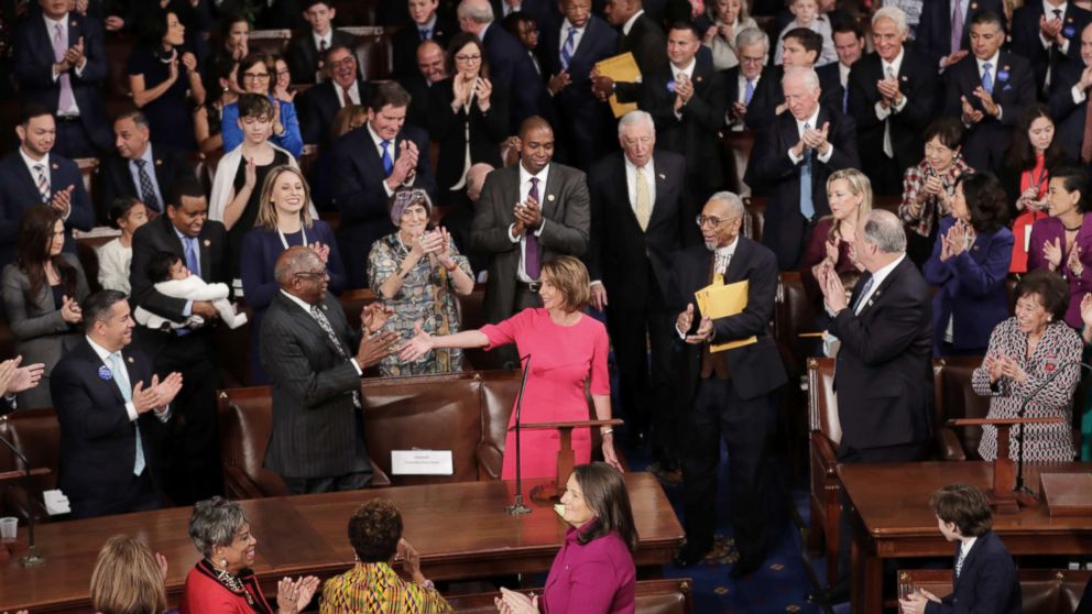 PHOTO: Speaker-designate Rep. Nancy Pelosi is applauded by members of Congress after being nominated during the first session of the 116th Congress at the U.S. Capitol, Jan. 03, 2019 in Washington.