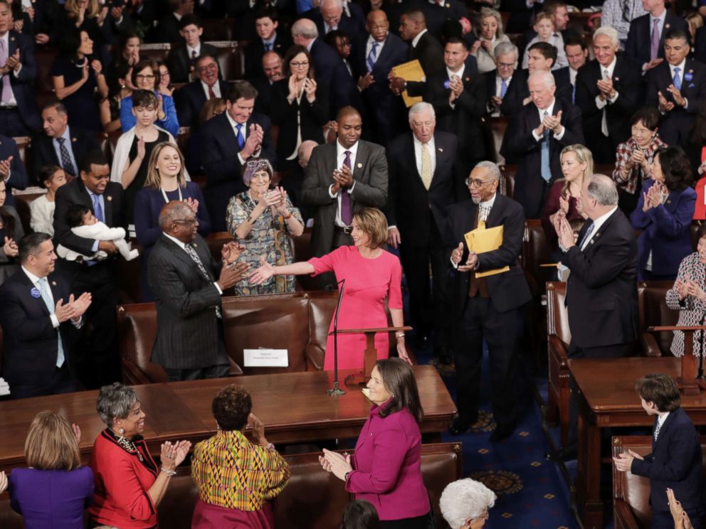 PHOTO: Speaker-designate Rep. Nancy Pelosi is applauded by members of Congress after being nominated during the first session of the 116th Congress at the U.S. Capitol, Jan. 03, 2019 in Washington.