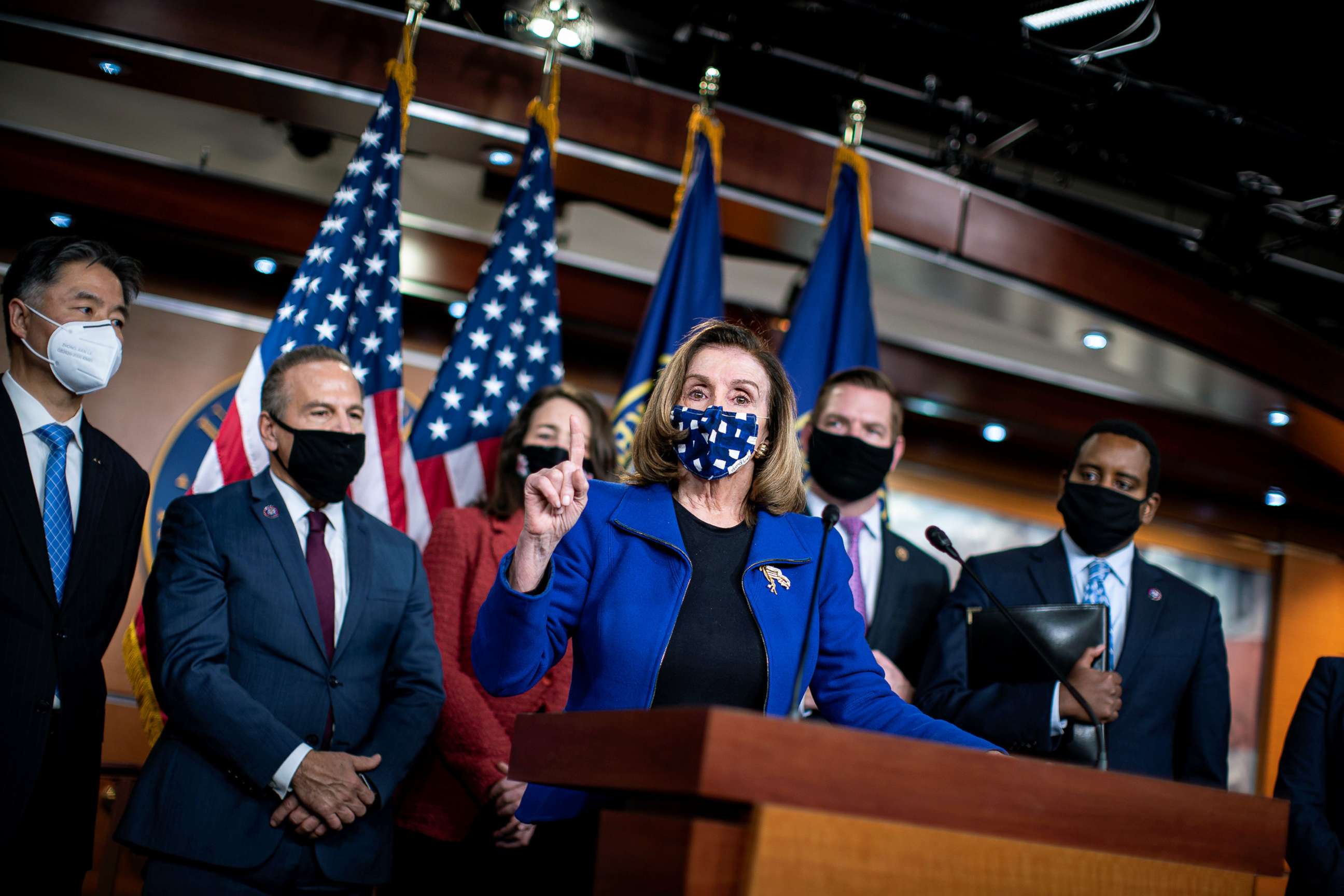 PHOTO: Speaker of the House Nancy Pelosi speaks during a news conference with House impeachment managers at the conclusion of the impeachment trial of former President Donald Trump, in Washington, D.C., Feb. 13, 2021.