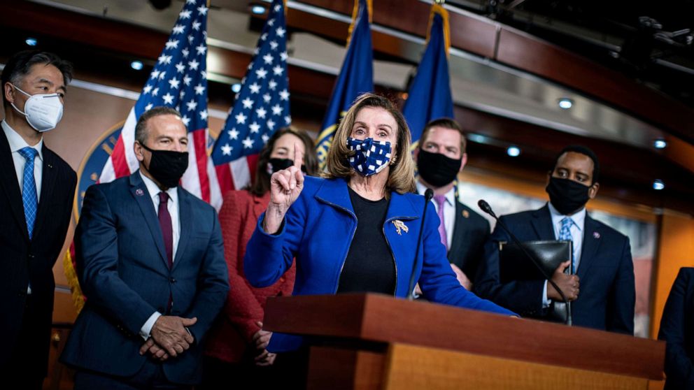 PHOTO: Speaker of the House Nancy Pelosi speaks during a news conference with House impeachment managers at the conclusion of the impeachment trial of former President Donald Trump, in Washington, D.C., Feb. 13, 2021.