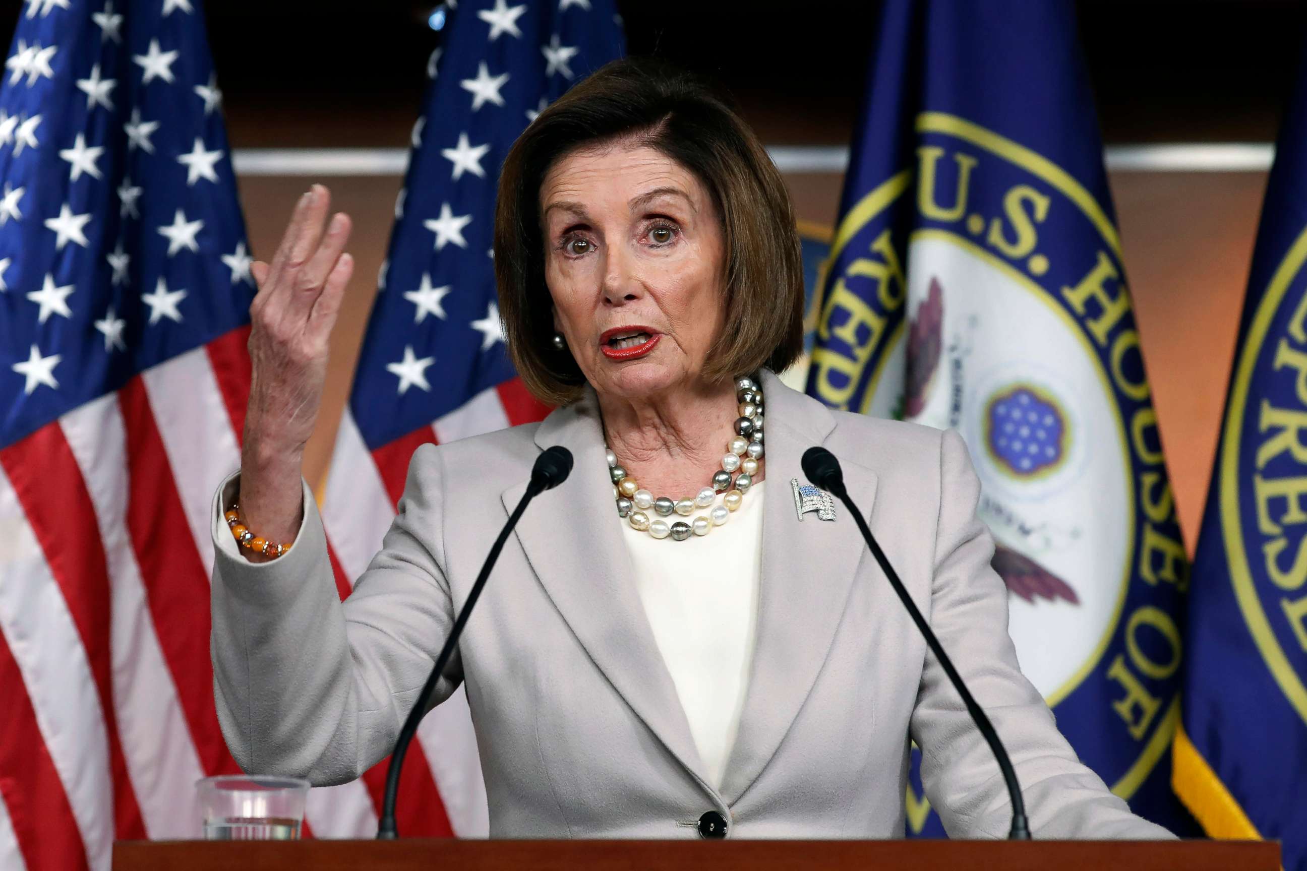 PHOTO: House Speaker Nancy Pelosi of Calif., gestures while speakings during a news conference on Capitol Hill in Washington, D.C., Oct. 17, 2019.