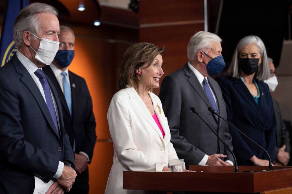 PHOTO: Speaker of the House Nancy Pelosi speaks during a news conference with Democratic leaders after the passage of the Build Back Better Act at the U.S. Capitol in Washington, D.C., Nov. 19, 2021.