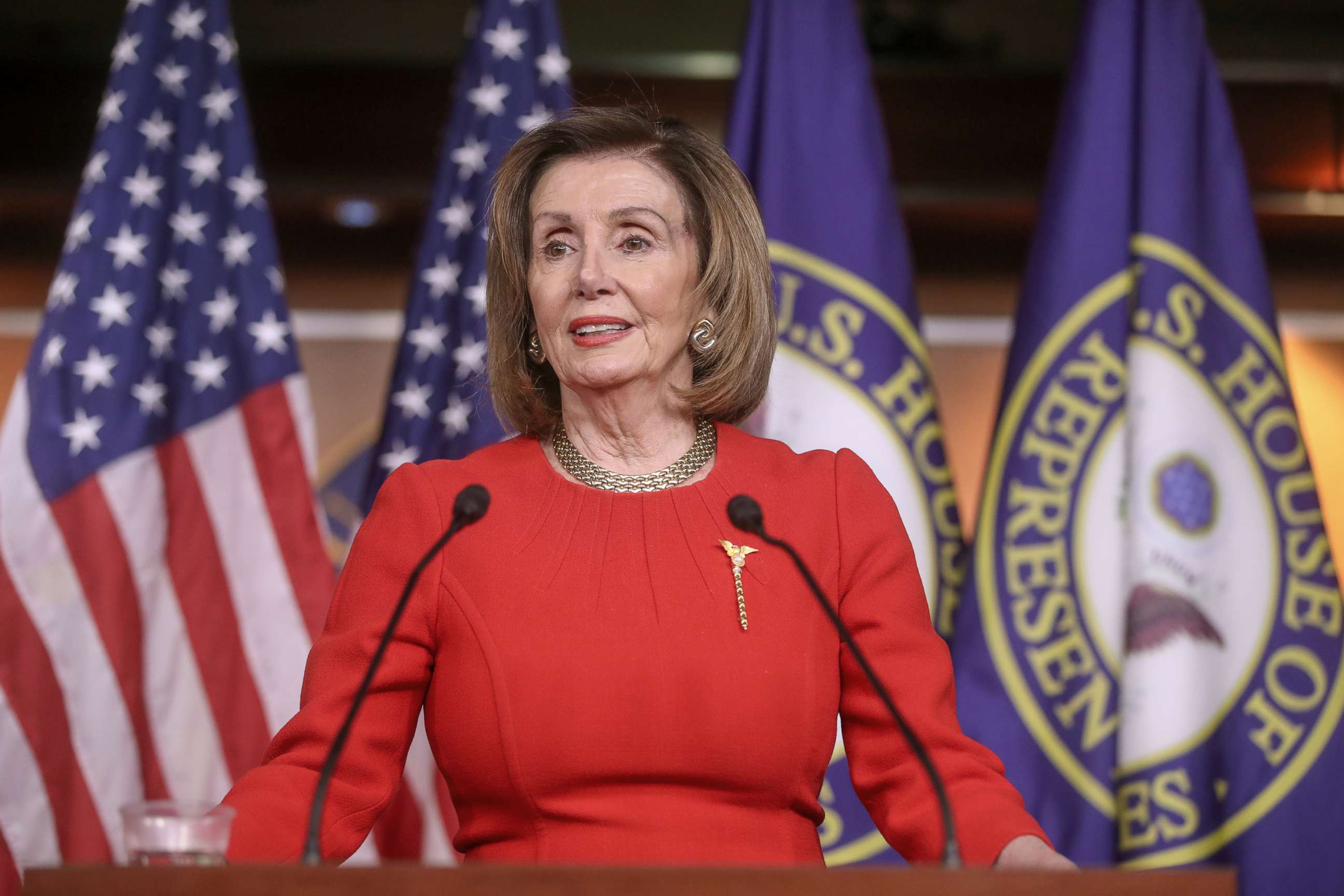 PHOTO: Speaker of the House Nancy Pelosi speaks about the impeachment of U.S. President Donald Trump during her weekly news conference with Capitol Hill reporters at the U.S. Capitol in Washington, D.C., Dec. 19, 2019.