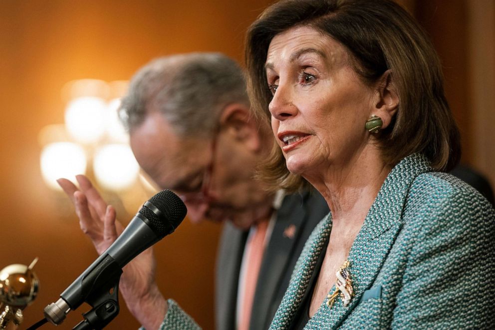 PHOTO: Democratic Speaker of the House from California Nancy Pelosi speaks at the one-year anniversary of the House passage of the For the People Act at the Capitol in Washington, March 10, 2020. 