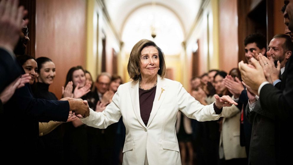 PHOTO: House Speaker Nancy Pelosi is greeted by staff after she announced that she would step down from her leadership position, on Capitol Hill in Washington, Nov. 17, 2022.