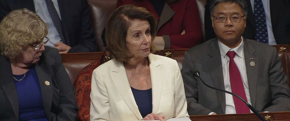 PHOTO: Nancy Pelosi (D-CA) is shown reading from a bible during a marathon speech on the floor of the House of Representatives in this still grab taken from video on Capitol Hill, Feb. 7, 2018. 