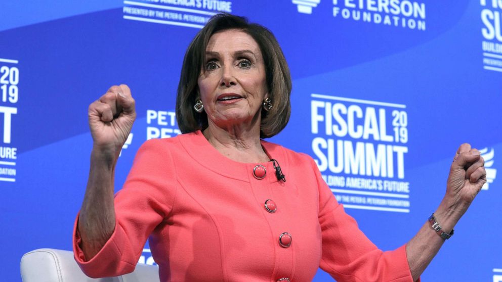 PHOTO: House Speaker Nancy Pelosi (D-CA) sits for an onstage interview about the budget at the Peterson Foundation's annual Fiscal Summit in Washington D.C., June 11, 2019.  