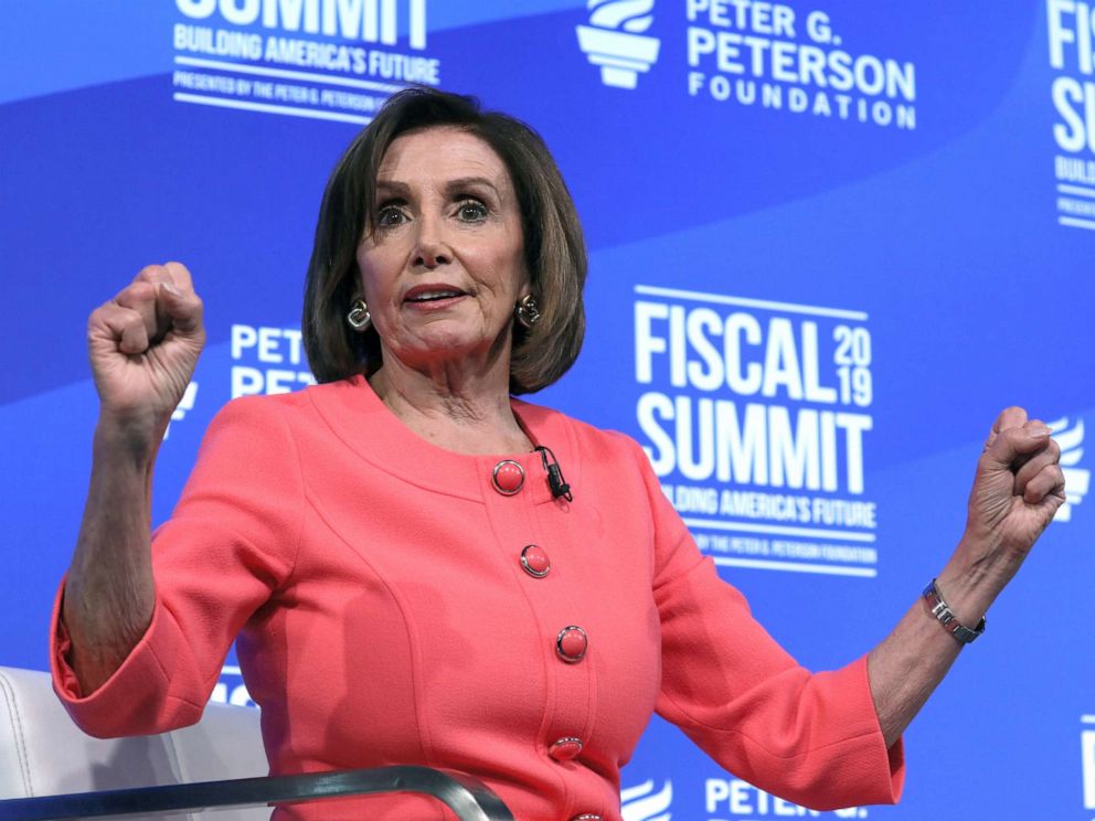 PHOTO: House Speaker Nancy Pelosi (D-CA) sits for an onstage interview about the budget at the Peterson Foundations annual Fiscal Summit in Washington D.C., June 11, 2019.