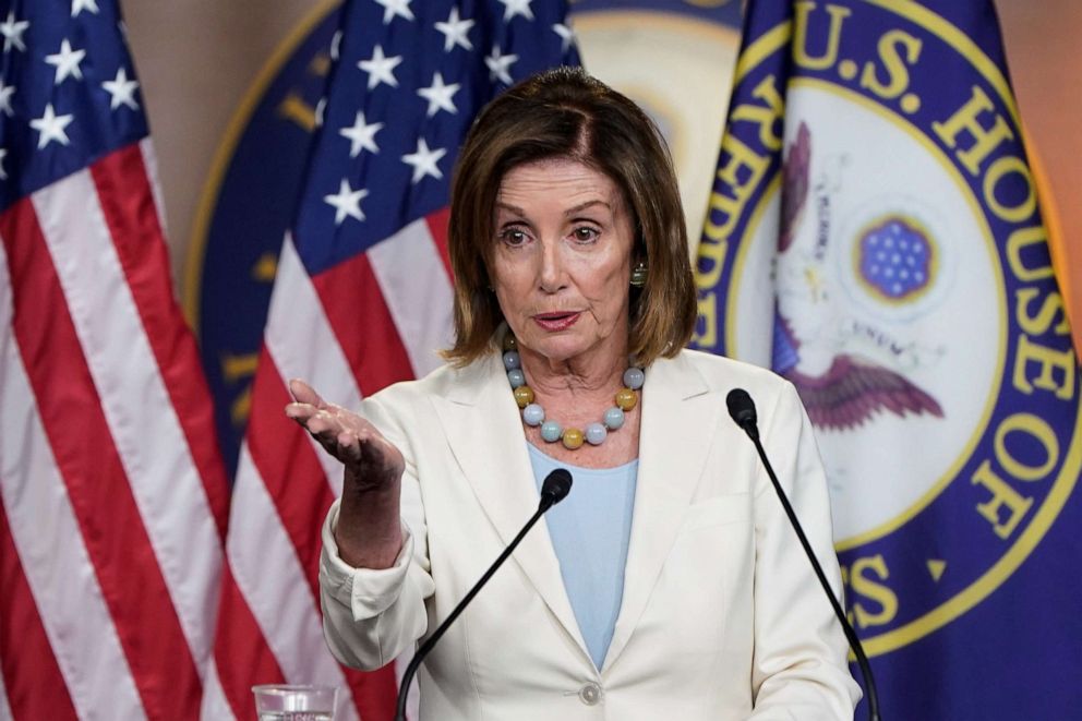 PHOTO: Speaker of the House Nancy Pelosi speaks during a media briefing on Capitol Hill in Washington, July 17, 2019.   