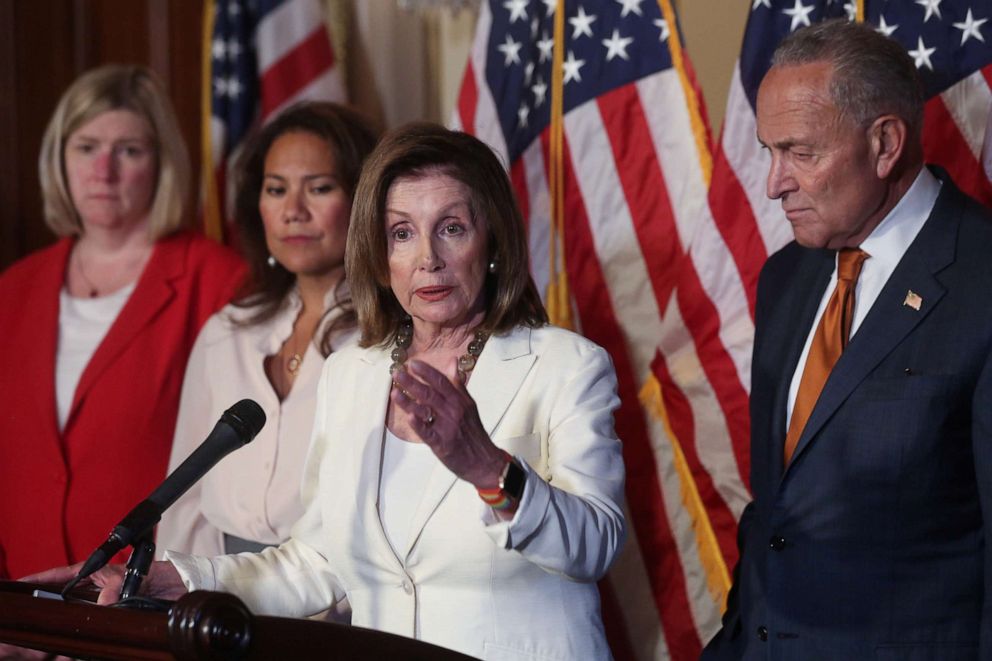 PHOTO: House Speaker Nancy Pelosi, Senate Minority Leader Chuck Schumer, Mayor Nan Whaley of Dayton, Ohio, and Rep. Veronica Escobar, hold a news conference in Washington, D.C., September 9, 2019.