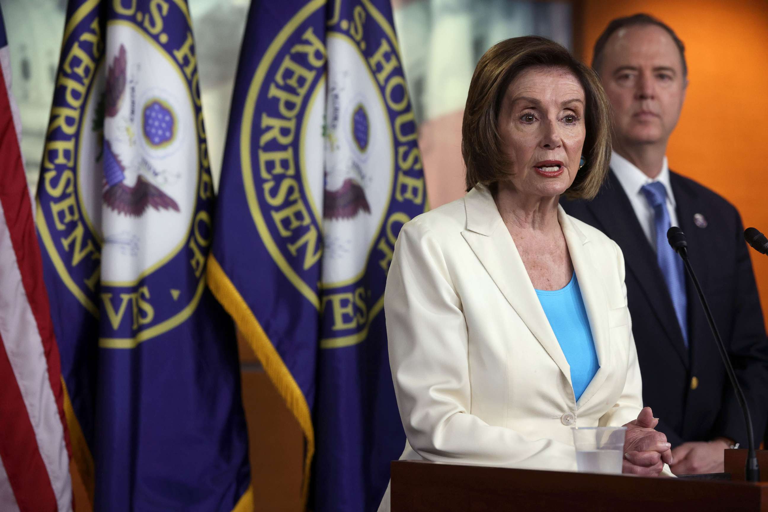 PHOTO: Speaker of the House Rep. Nancy Pelosi speaks with Rep. Adam Schiff during a weekly news conference at the U.S. Capitol, July 1, 2021, in Washington, D.C.