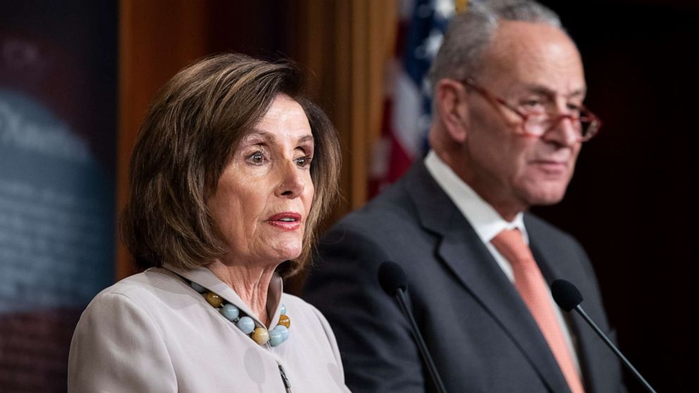 PHOTO: In this Tuesday, Feb. 11, 2020, image, Nancy Pelosi and Chuck Schumer speak during a news conference, on Capitol Hill, in Washington.