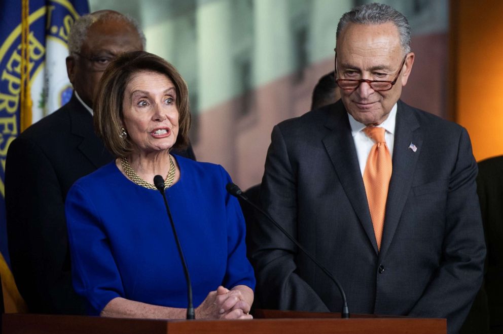 PHOTO: House Speaker Nancy Pelosi and Senate Democratic Leader Chuck Schumer hold a press conference at Capitol Hill, Washington on May 22, 2019, following a meeting with US President Donald Trump at the White House.