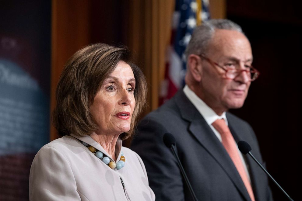 PHOTO: House Speaker Nancy Pelosi, of California, joined by Senate Minority Leader Chuck Schumer of N.Y., speaks during a news conference, on Capitol Hill, Feb. 11, 2020.