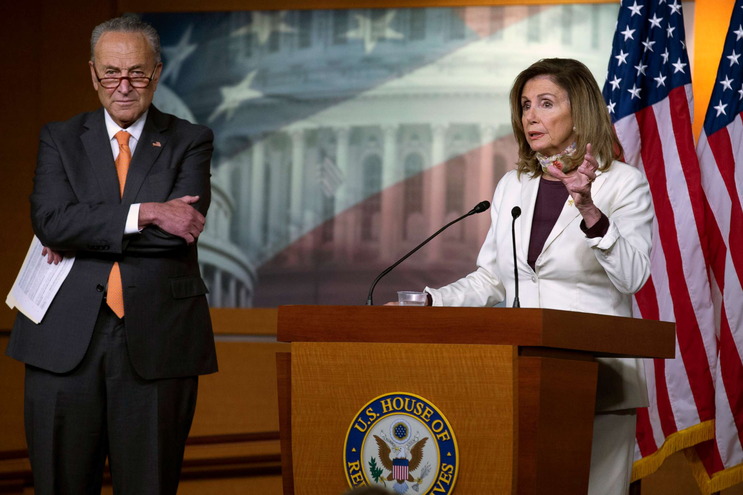 PHOTO: House Speaker Nancy Pelosi, joined by Senate Minority Leader Sen. Chuck Schumer, speaks during a news conference on Capitol Hill in Washington, Aug. 6, 2020.