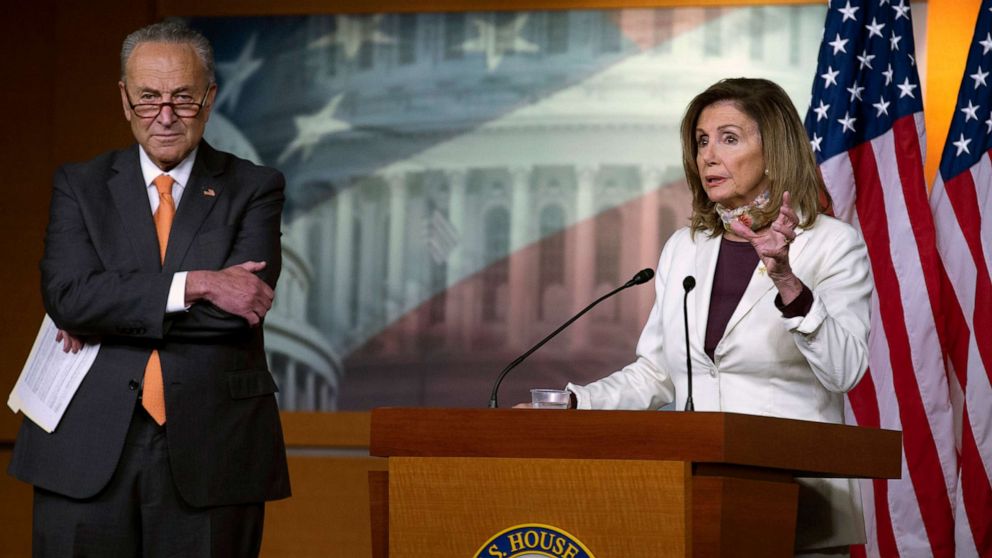 PHOTO: House Speaker Nancy Pelosi, joined by Senate Minority Leader Sen. Chuck Schumer, speaks during a news conference on Capitol Hill in Washington, Aug. 6, 2020.