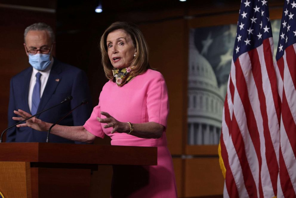 PHOTO: Speaker of the House Rep. Nancy Pelosi and Senate Minority Leader Sen. Chuck Schumer speak at a news conference Aug. 7, 2020, on Capitol Hill in Washington, DC.