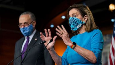 PHOTO: Speaker of the House Nancy Pelosi and Senate Minority Leader Chuck Schumer speak to the media about the presidential transition in the US Capitol in Washington, Nov. 12, 2020.