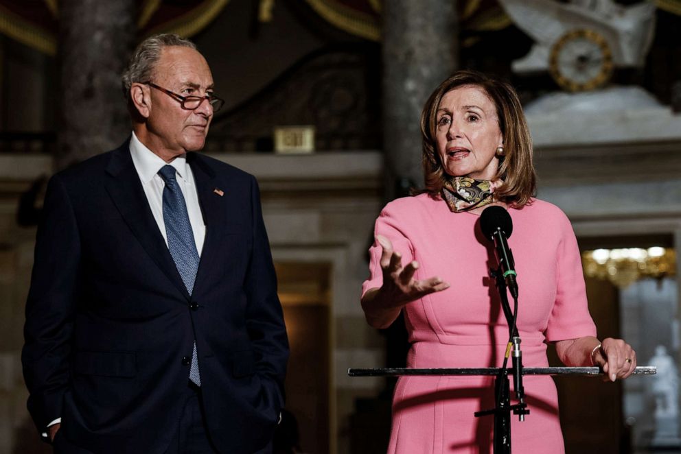 PHOTO: Speaker of the House Nancy Pelosi  akes a statement to reporters alongside Senate Minority Leader Chuck Schumer following continued negotiations over a coronavirus stimulus package in the U.S. Capitol in Washington, Aug. 7, 2020.