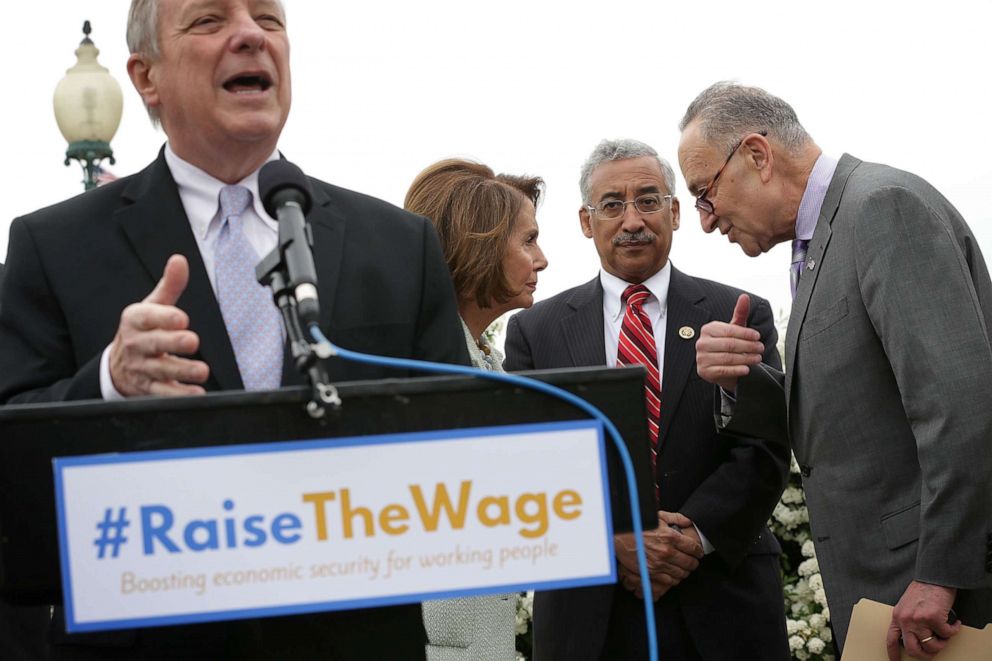 PHOTO: House Minority Leader Rep. Nancy Pelosi listens to Charles Schumer as Rep. Bobby Scott, third to left, looks on and Senate Minority Whip Sen. Richard Durbin, left, speaks during a news conference on April 21, 2016 on Capitol Hill in Washington.