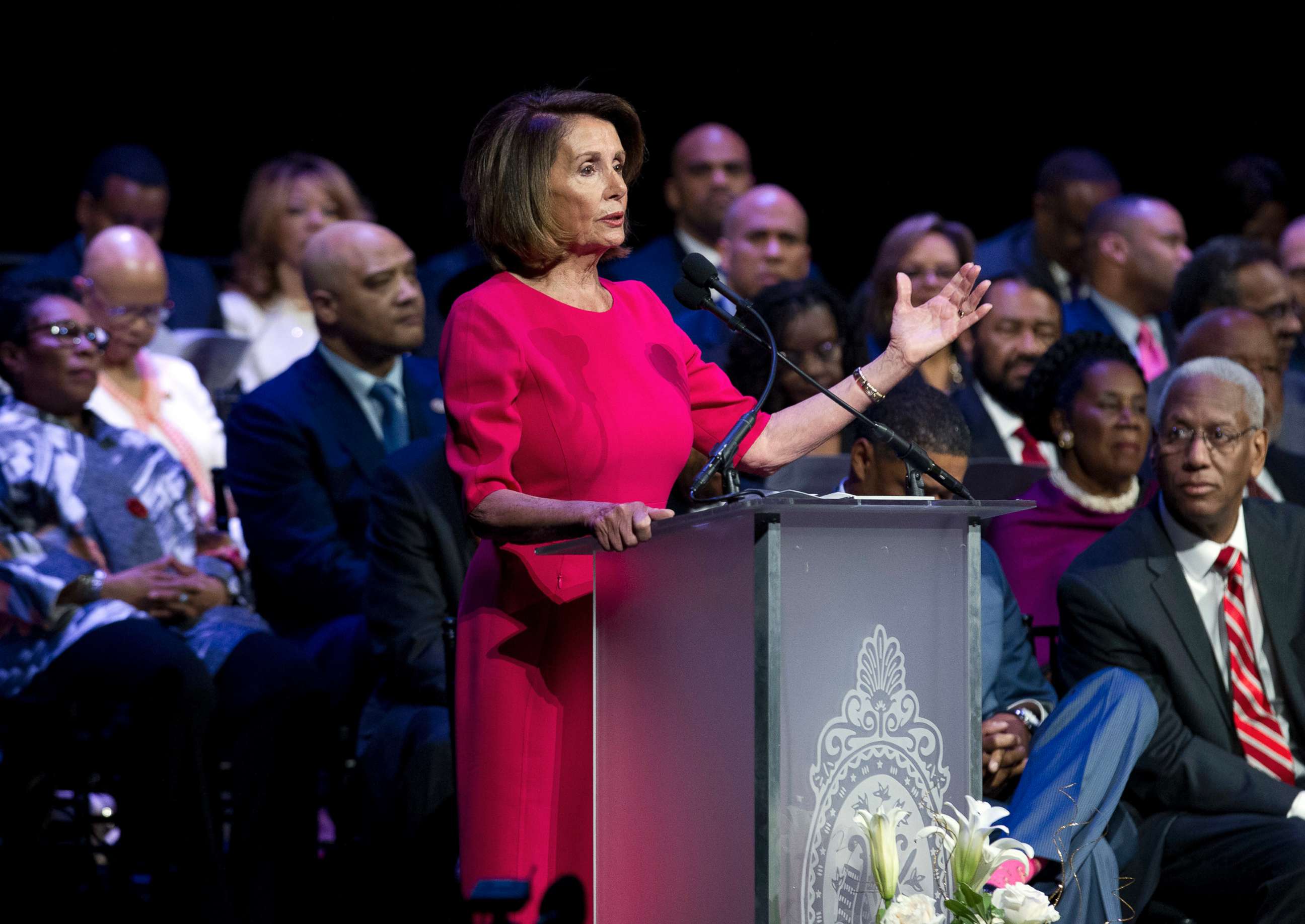 PHOTO: House Minority Leader Nancy Pelosi speaks during Congressional Black Caucus members swearing-in ceremony of the 116th Congress at The Warner Theatre in Washington, Jan. 3, 2019.