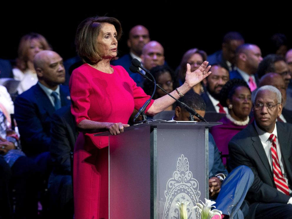PHOTO: House Minority Leader Nancy Pelosi speaks during Congressional Black Caucus members swearing-in ceremony of the 116th Congress at The Warner Theatre in Washington, Jan. 3, 2019.