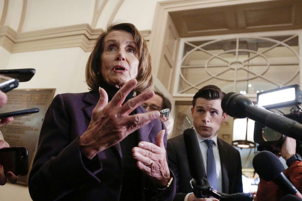 PHOTO: Speaker of the House Nancy Pelosi arrives at the Capitol, the morning after President Donald Trump denied her and other members of Congress a military aircraft for a secret visit to troops abroad, in Washington, Jan. 18, 2019.