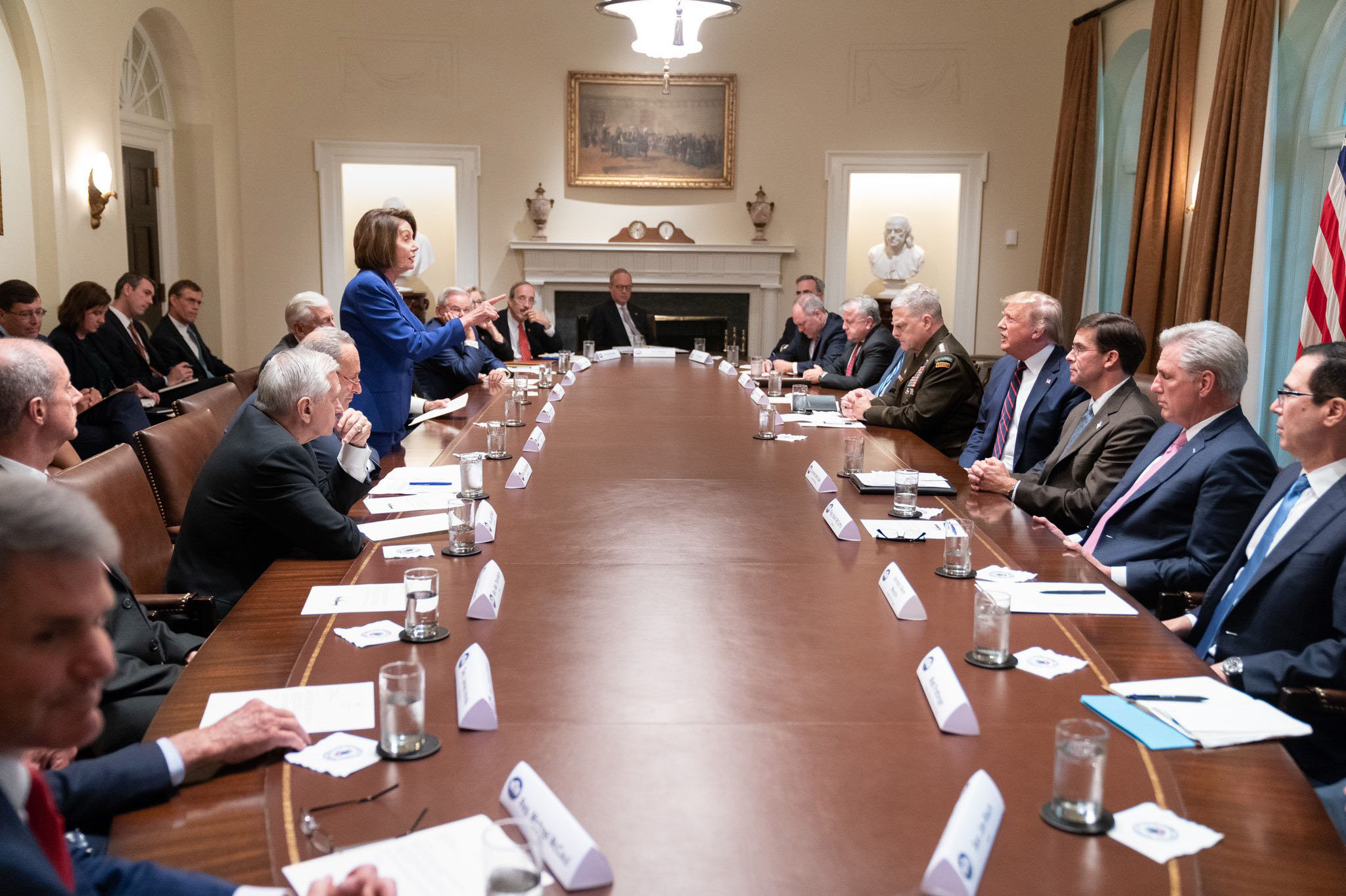 PHOTO: House Speaker Nancy Pelosi addresses President Donald Trump during a meeting with congressional leaders on Syria in the Cabinet Room at the White House, Oct. 16, 2019.