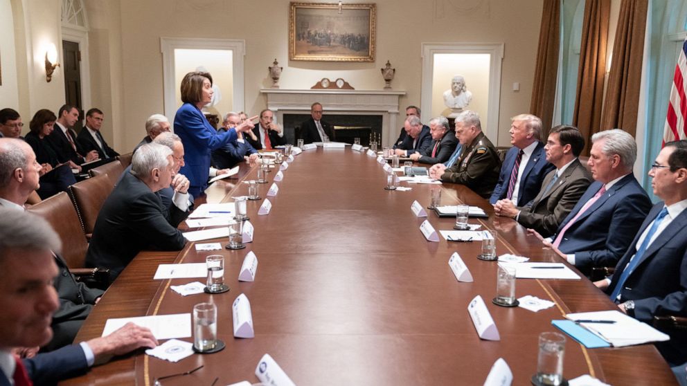 PHOTO: House Speaker Nancy Pelosi addresses President Donald Trump during a meeting with congressional leaders on Syria in the Cabinet Room at the White House, Oct. 16, 2019.