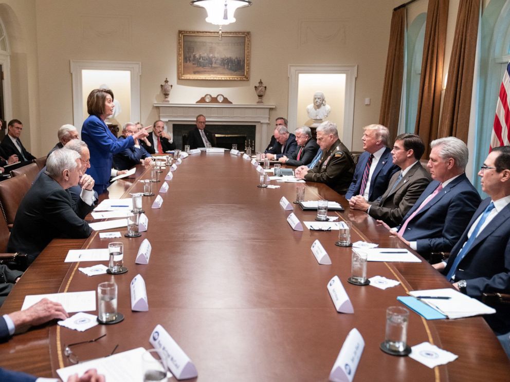 PHOTO: House Speaker Nancy Pelosi addresses President Donald Trump during a meeting with congressional leaders on Syria in the Cabinet Room at the White House, Oct. 16, 2019.