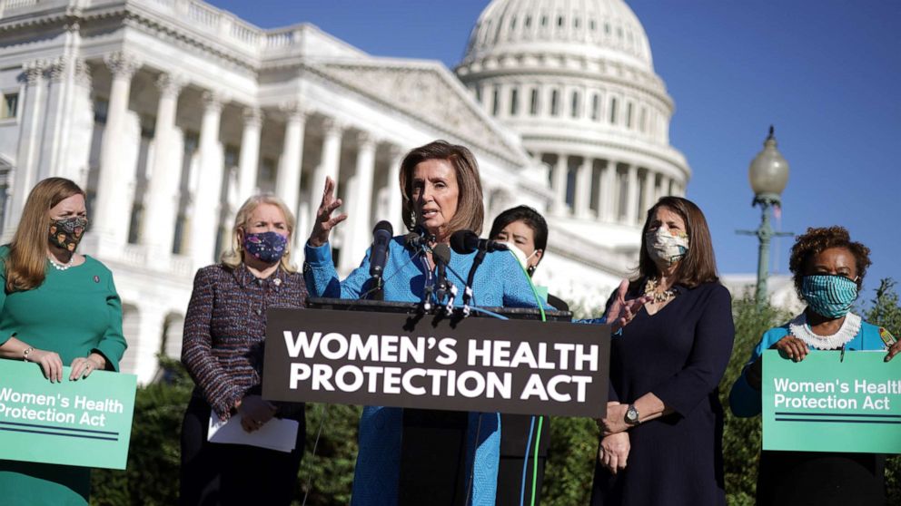 PHOTO: Speaker of the House Rep. Nancy Pelosi speaks during a news conference on the "Women's Health Protection Act" outside The U.S. Capitol on Sept. 24, 2021, in Washington.