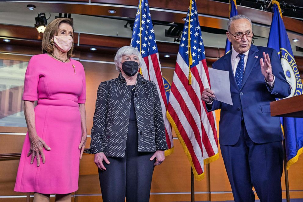 PHOTO:Democratic Speaker of the House Nancy Pelosi, US Treasury Secretary Janet Yellen, and Democratic Majority Leader Chuck Schumer appear at a press conference at the U.S Capitol in Washington, D.C, Sept. 23, 2021.