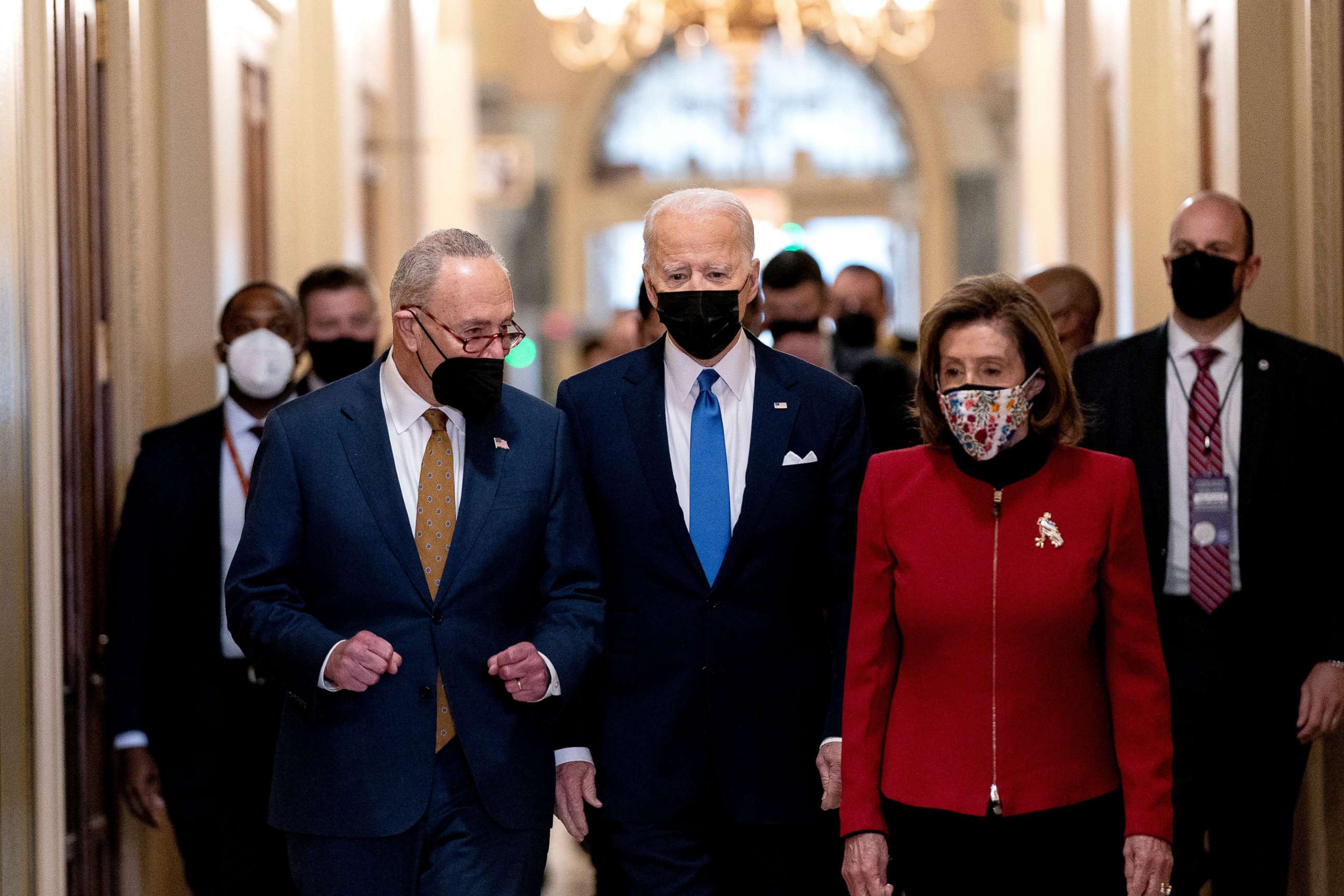 PHOTO: In this Jan. 6, 2022 file photo Senate Majority Leader Chuck Schumer, President Joe Biden with Speaker of the House Nancy Pelosi arrives at the Capitol onto mark the anniversary of the attack on the Capitol in Washington, D.C.