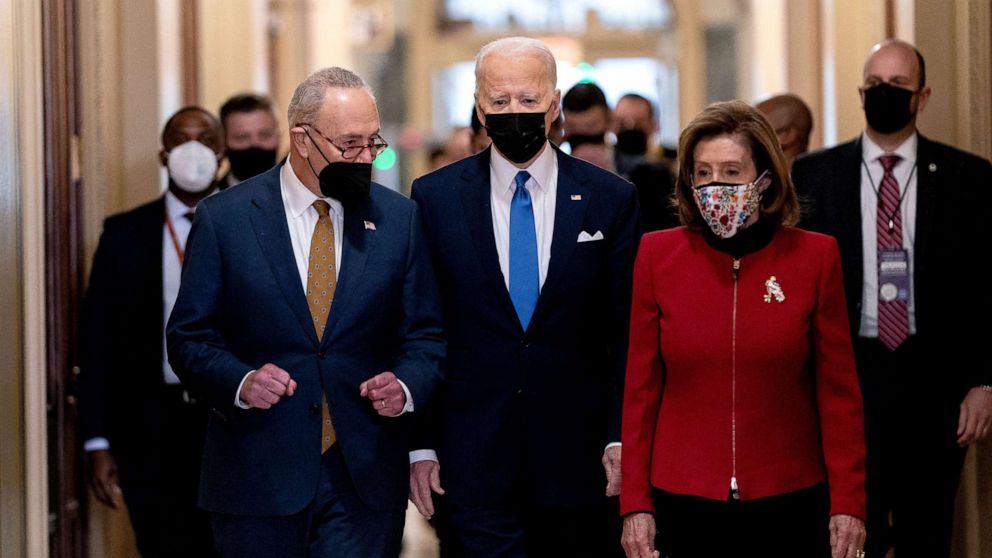PHOTO: In this Jan. 6, 2022 file photo Senate Majority Leader Chuck Schumer, President Joe Biden with Speaker of the House Nancy Pelosi arrives at the Capitol onto mark the anniversary of the attack on the Capitol in Washington, D.C.