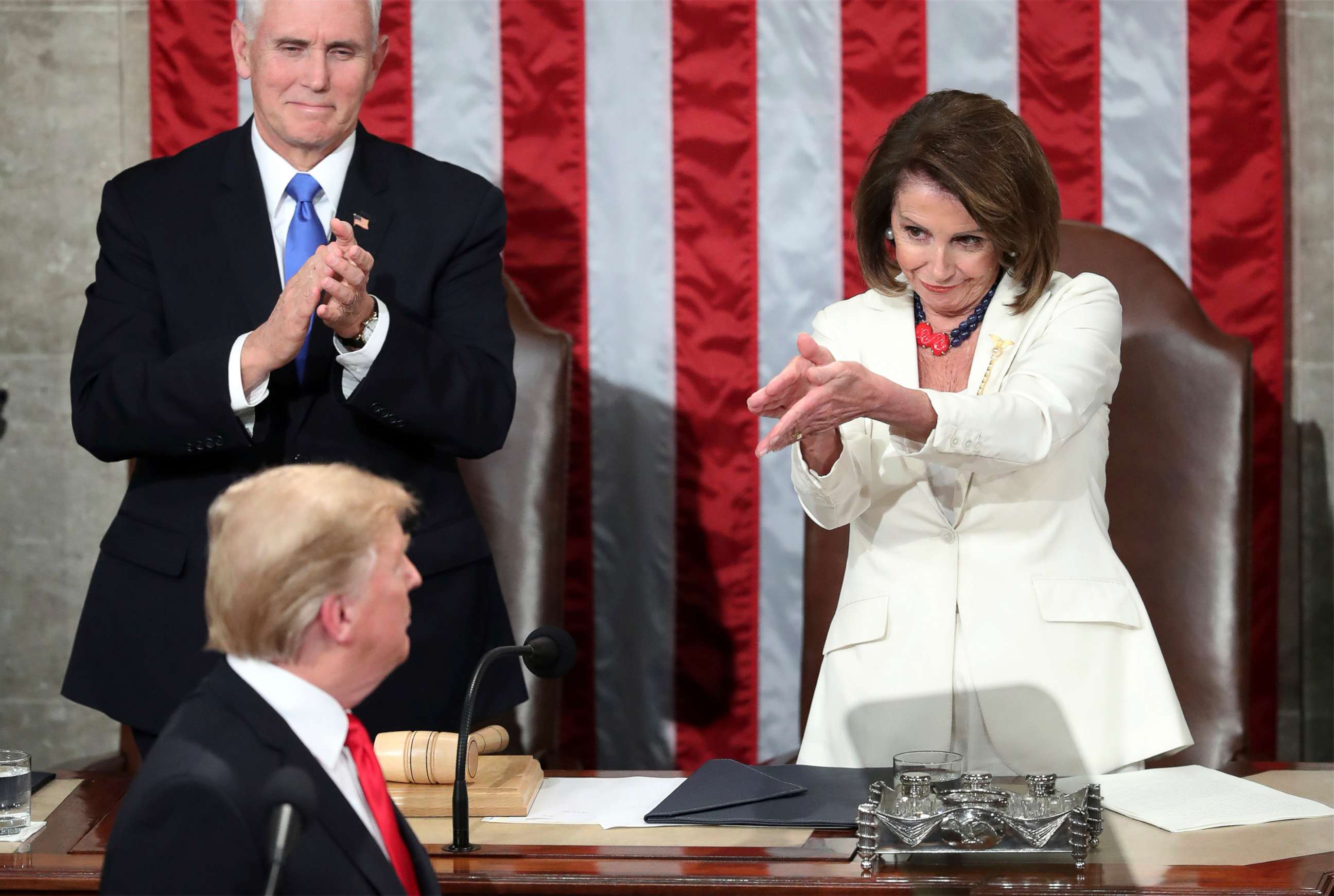 PHOTO:In this Feb. 5, 2019 file photo President Donald Trump turns to House Speaker Nancy Pelosi of Calif., as he delivers his State of the Union address to a joint session of Congress on Capitol Hill in Washington.