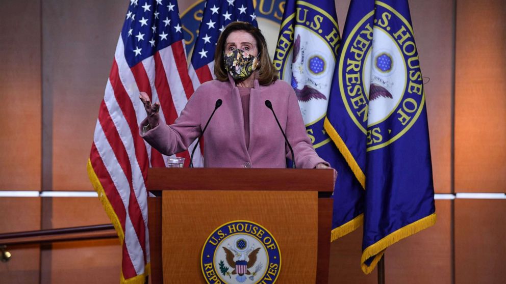 PHOTO: Speaker of the House, Nancy Pelosi speaks during her weekly press briefing on Capitol Hill in Washington, D.C, Jan. 21, 2021.