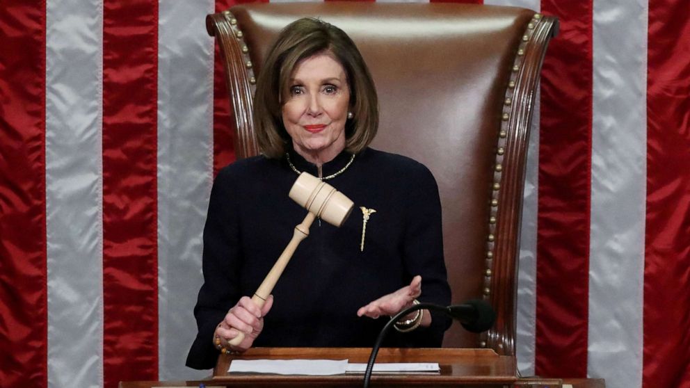 PHOTO: In this Dec. 18, 2019, file photo, Speaker of the House Nancy Pelosi confirms two articles of impeachment against U.S. President Donald Trump on the U.S. Capitol in Washington.