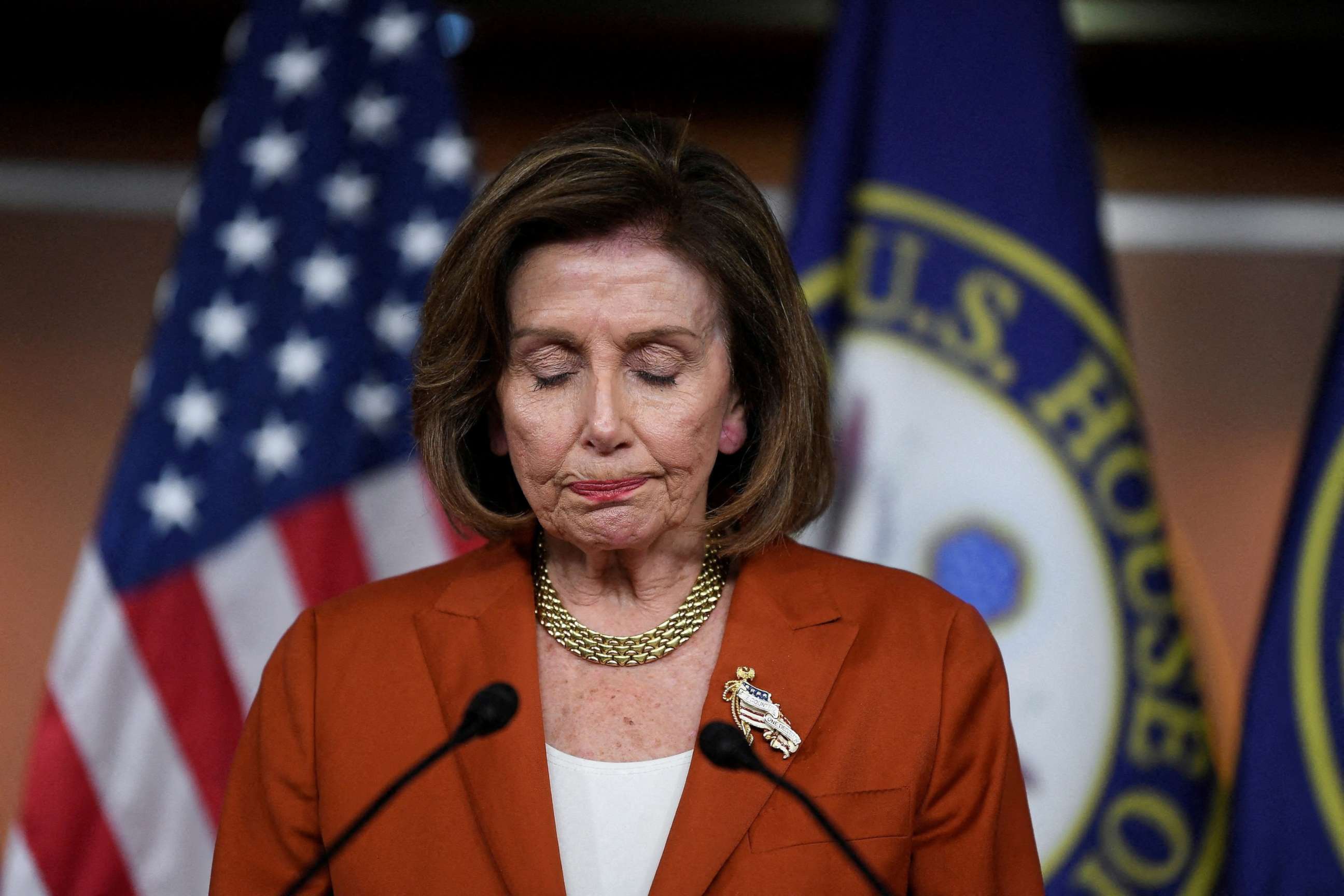 PHOTO: House Speaker Nancy Pelosi reacts to the overturning of Roe v Wade during her weekly news conference on Capitol Hill in Washington, June 24, 2022.
