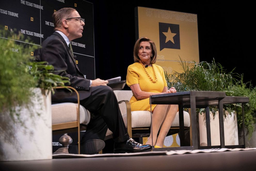 PHOTO: Speaker of the House Nancy Pelosi speaks with Texas Tribune CEO Evan Smith during a panel at The Texas Tribune Festival Sept. 28, 2019, in Austin, Texas.
