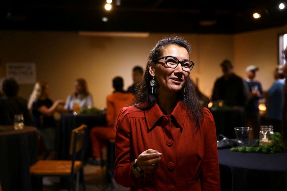 PHOTO: U.S. House candidate Mary Peltola speaks with reporters at her campaign party at 49th State Brewing in Anchorage, Alaska, on Aug. 16, 2022.