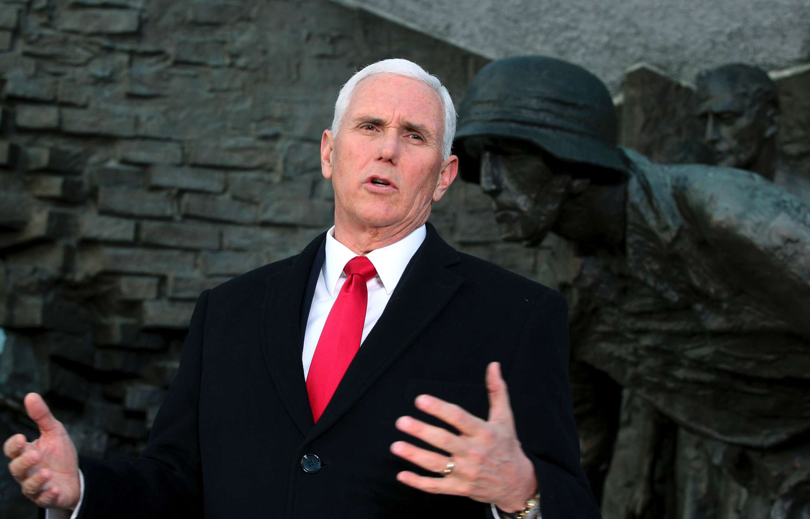 PHOTO: United States Vice President Mike Pence speaks during a statement in front of the 'Warsaw Uprising Monument' in Warsaw, Poland, Feb. 14, 2019.