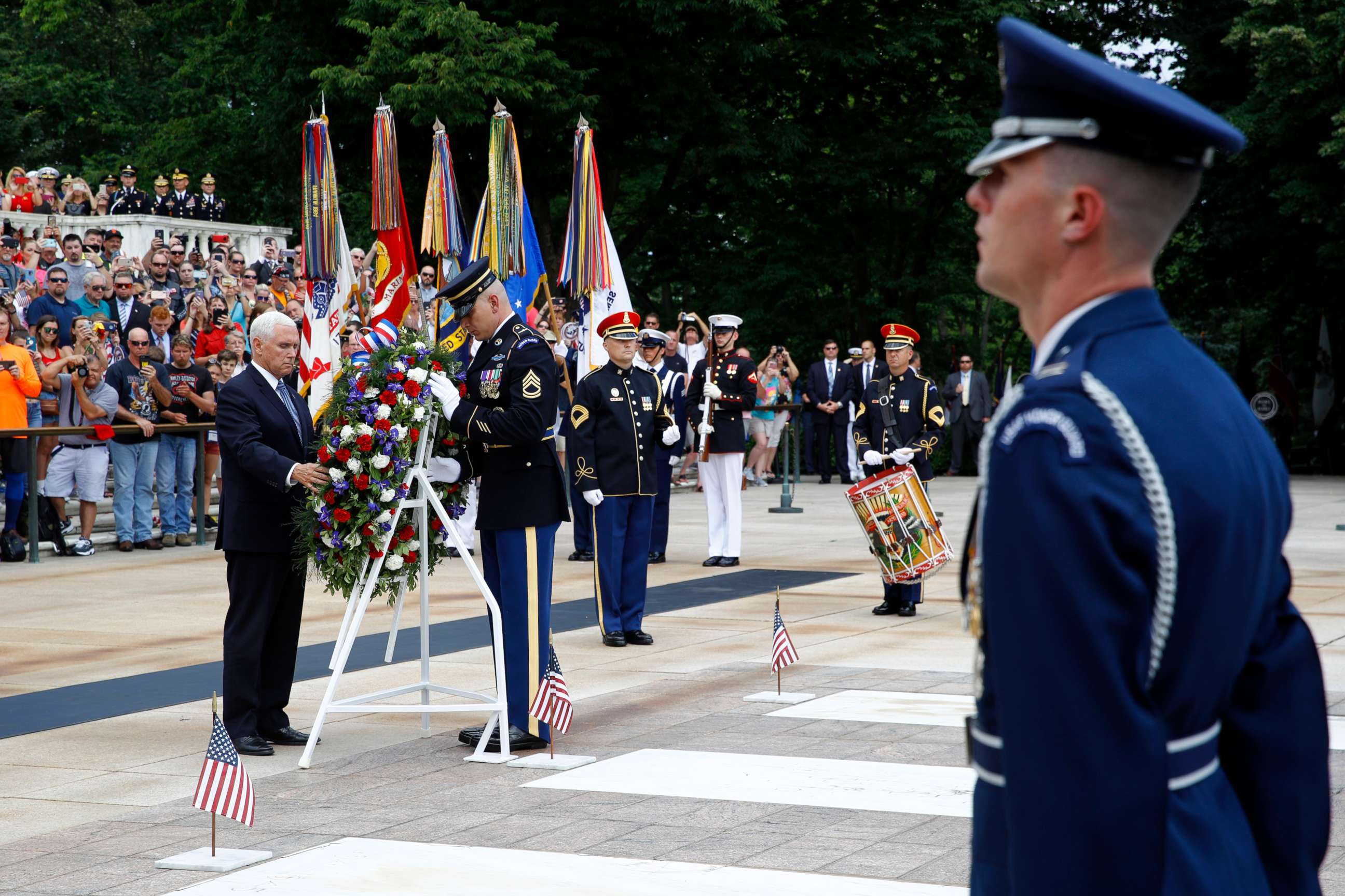PHOTO: Vice President Mike Pence places a wreath in front of the Tomb of the Unknown Soldier in observance of Memorial Day, May 27, 2019.
