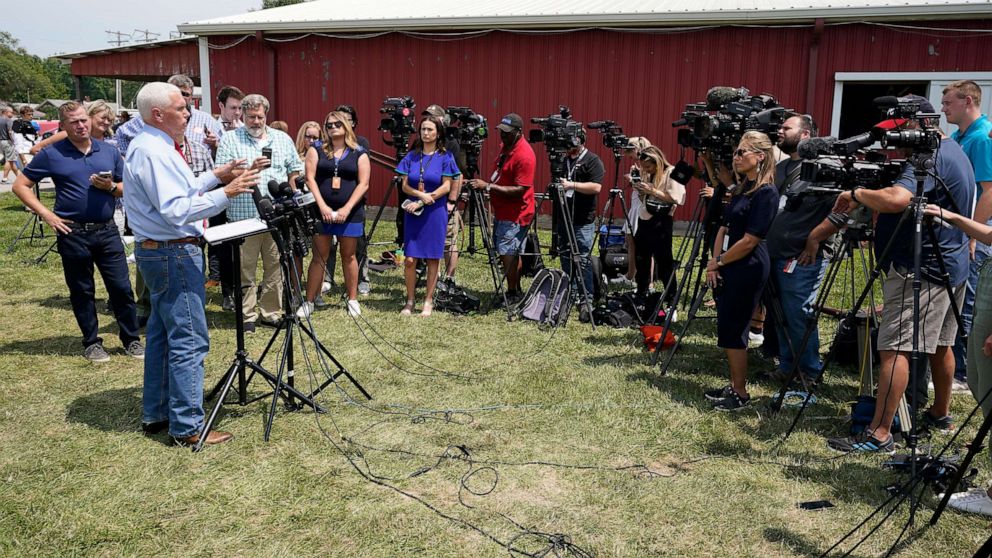 PHOTO: Republican presidential candidate and former Vice President Mike Pence speaks with the media during a stop at the Indiana State Fair, Aug. 2, 2023, in Indianapolis.