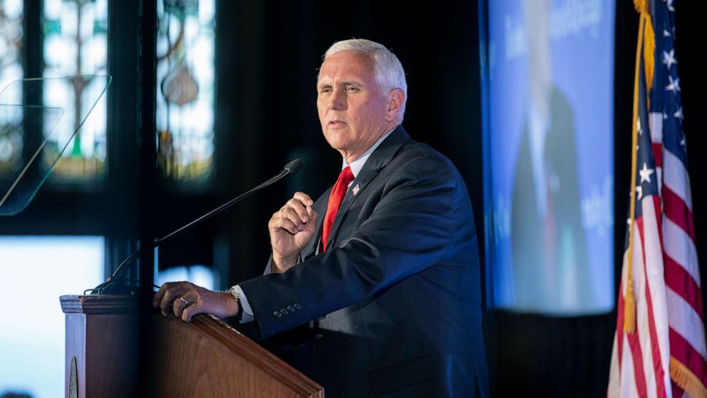 PHOTO: Former Vice President Mike Pence speaks to a crowd of supporters at the University Club of Chicago, June 20, 2022 in Chicago.