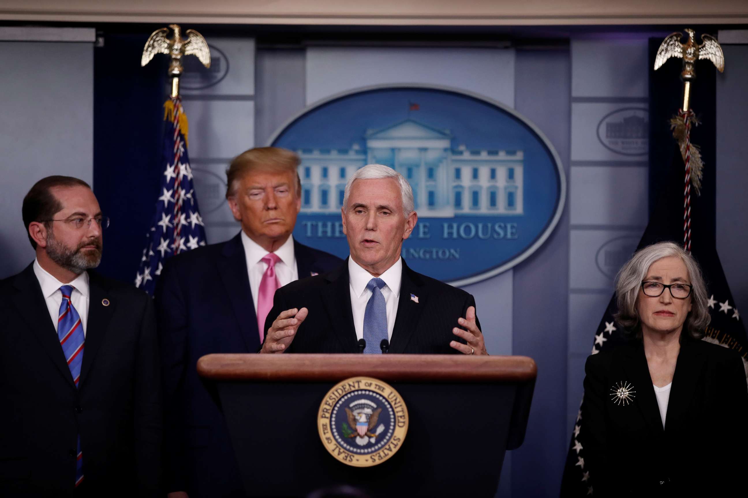 PHOTO: Vice President Mike Pence gives a news conference next to President Donald Trump at the White House, Feb.26, 2020. 